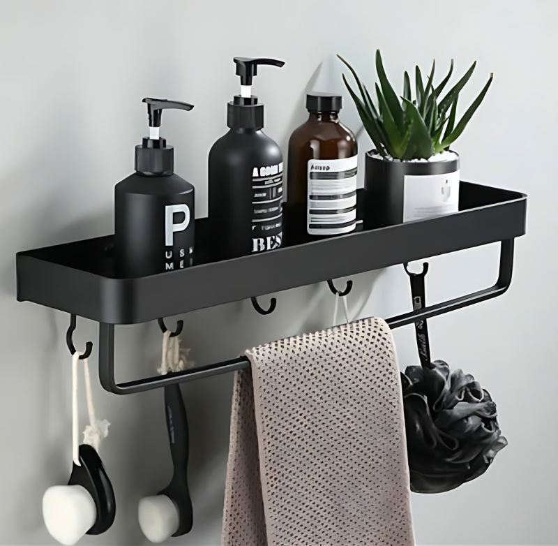 Style C Nordic Black No Drill Wall Mounted Bathroom Organizer of 40cm with towel rail and 5 hooks