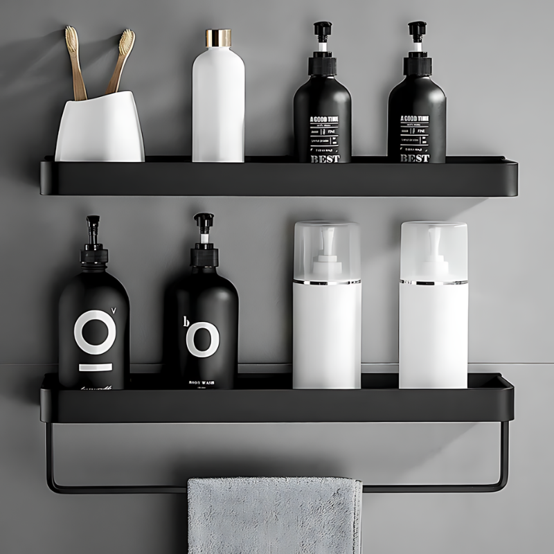 Two Nordic Black No Drill Bathroom Shelf Wall Mounted Organizer, one has a towel rail
