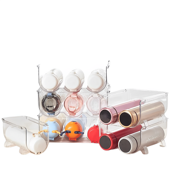 display of 1 clear water bottle organizer for single bottle, two clear water bottle organizers for double bottles, three clear water bottle organizers for trio of bottles